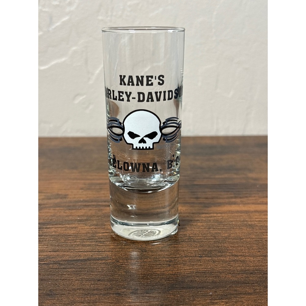 Harley-Davidson Kane's Kelowna BC Skull Shot Glass 2008 Tall Shooter Biker Bar